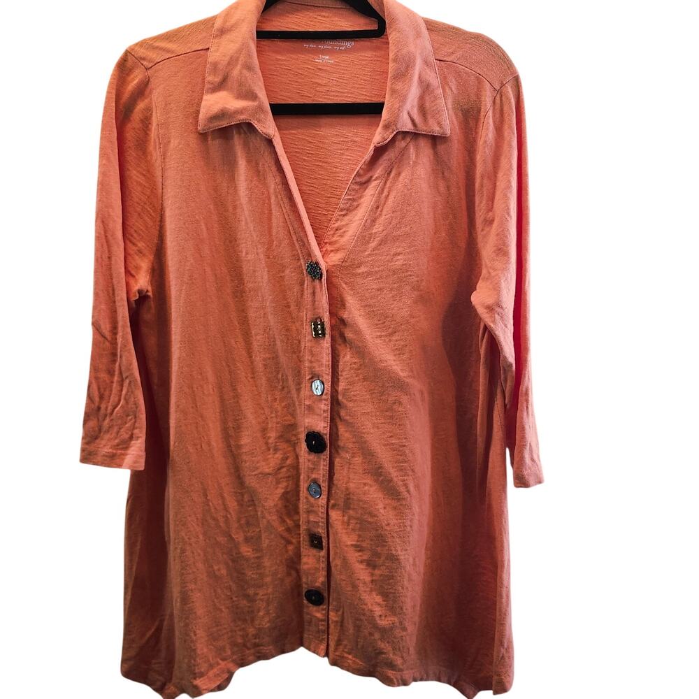 Soft Surrounding Sz Large Fancy Button Front Peach Knit 3/4 Sleeve Shirt